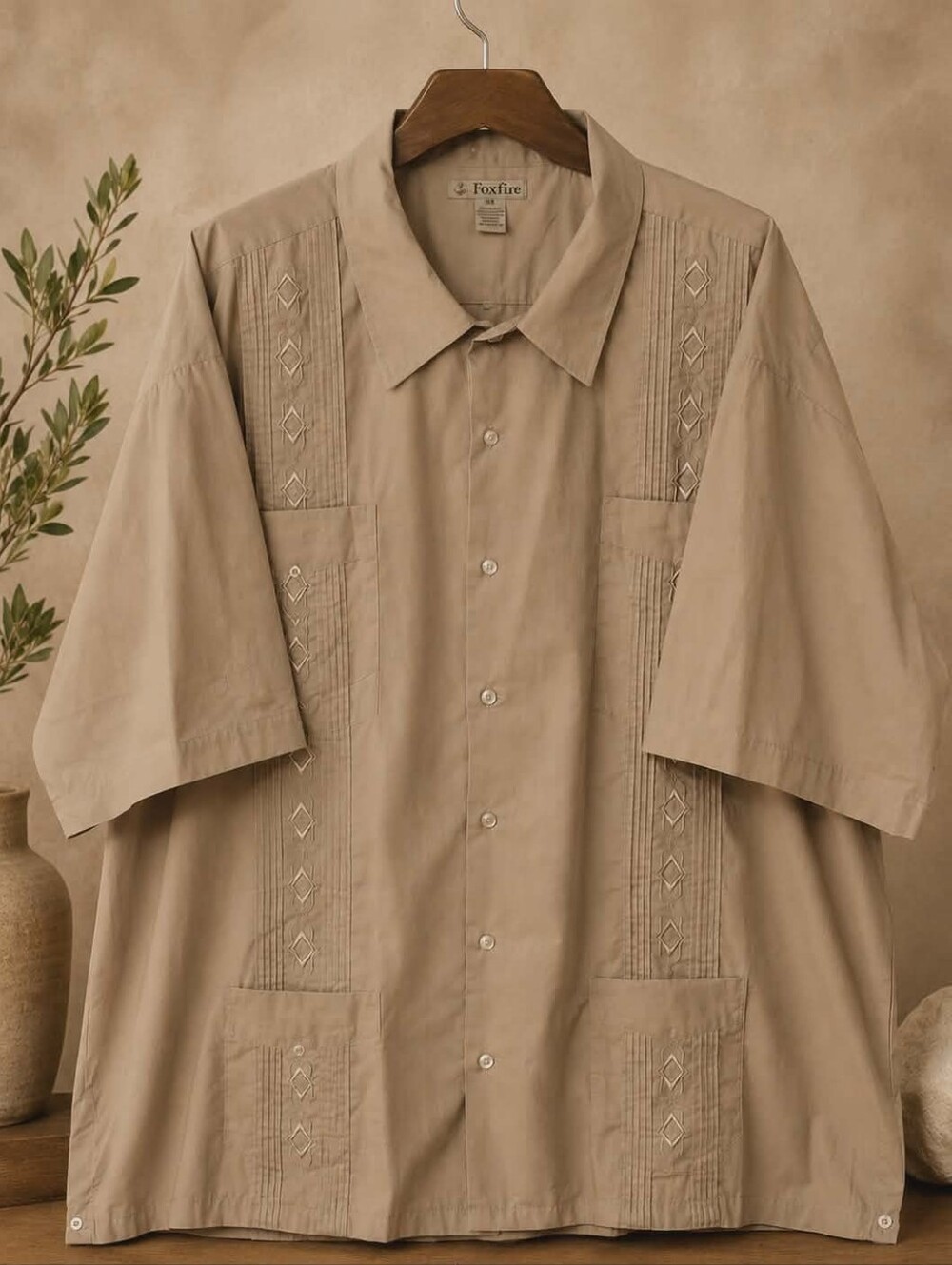 Foxfire Men’s 3XB Beige Guayabera Camp Shirt Embroidered Short Sleeve Cuban